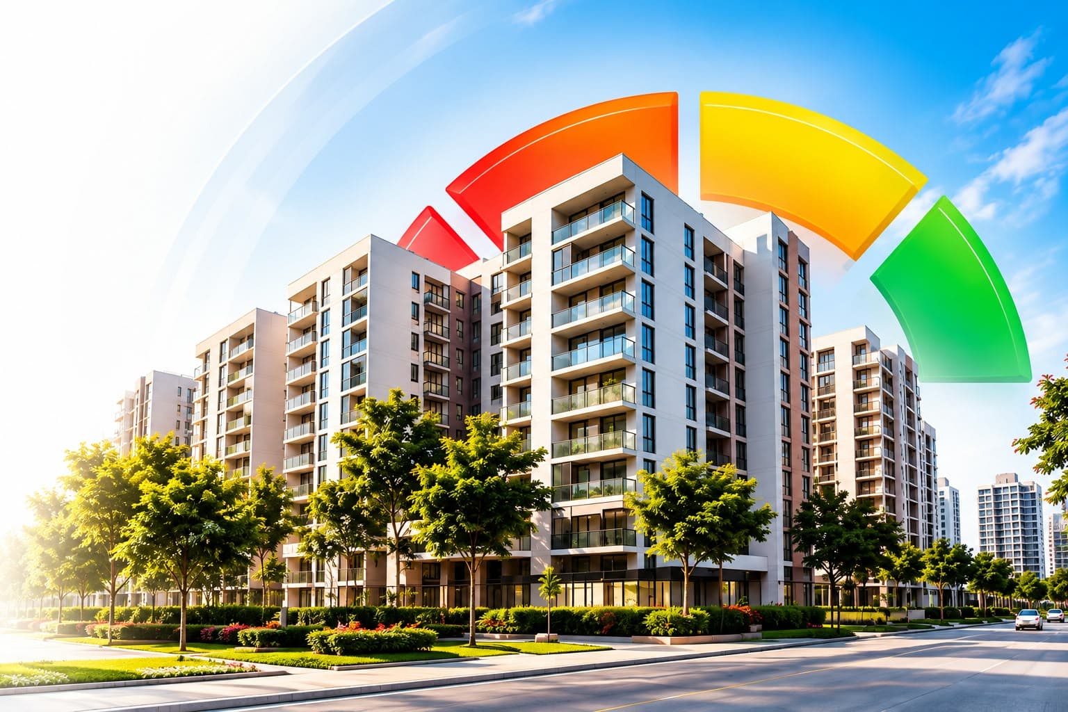 Prédios de um condomínio residencial arborizado, com o medidor de nota em vermelho, amarelo e verde